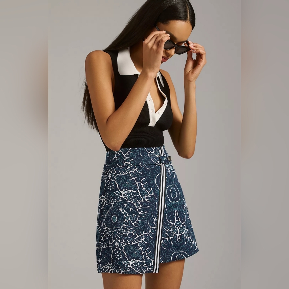 Maeve Mino Wrap Skort Stylish Blue Patterned Skirt Small
